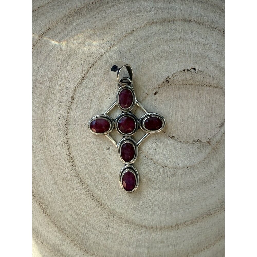 Lg Artisan Ruby Gemstone Cross Statement Pendant … - image 4